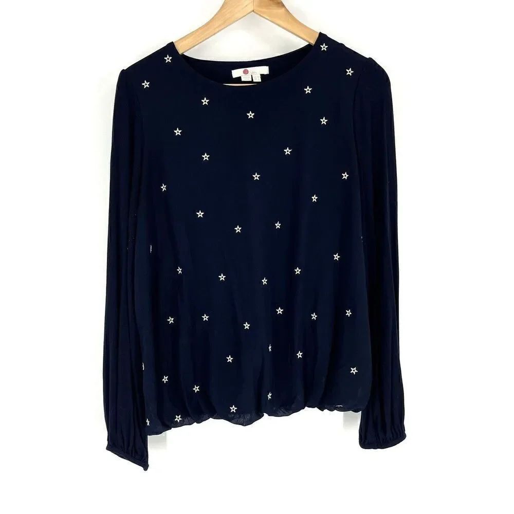 Boden Top Size 6 Womens Navy Tori Star Embroidered Shirt Long Sleeve Stretch